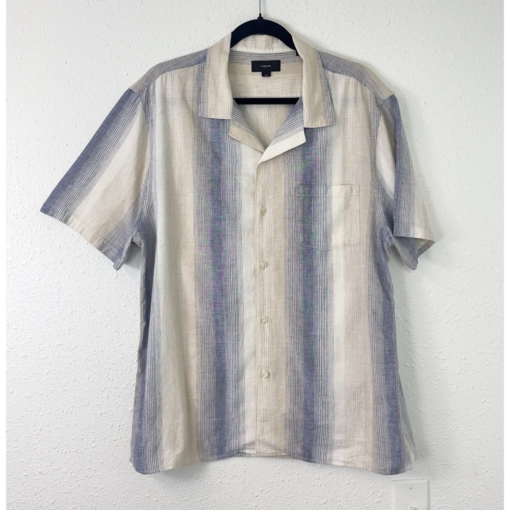 Vince Linen Beige Striped Short Sleeve Camp Fit Casual Pocket Mens Size XL